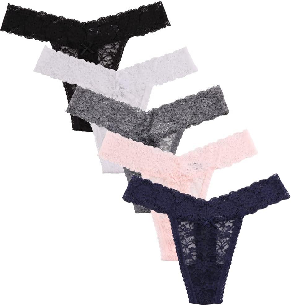 Women's Sexy Lace Thongs V Cheeky Underwear See Through Panties Pack of 5 (M)