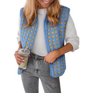 Womens Sherpa Vest Sleeveless Plaid Zip Up High Neck Warm Fleece Gilet Outerwear Crop Jackets with Pockets (Medium, Blue)