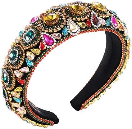 Rhinestone Padded Headband Baroque Crystal Embellished Hairbands Colorful Beaded Headbands Fashion Bejewelled HairHoop Accessory for Women Large Hair Hoop