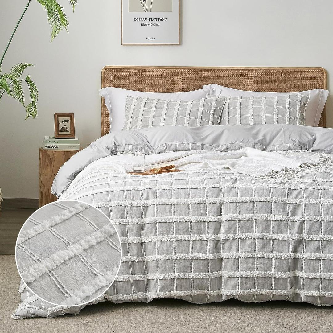 Ranunculus Tufted Queen Duvet Cover Set, Fluffy Washed Microfiber Stripe Duvet Cover Queen Size with Button Closure & 2 Pillow Shams for All Seasons, Comforter Not Included (Grey Check, 90"x90")