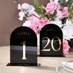 UNIQOOO Black Arch Wedding Table Numbers with Stands 120, Gold Foil Printed 5x7 Double Sided Acrylic Signs and Holders, Perfect for Centerpiece, Reception, Decoration, Party, Anniversary, Event