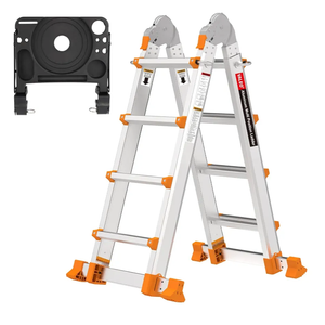 HBTower A Frame 4 Step Extension Ladder, 17 Ft Multi Position Ladder with Removable Tool Tray and Stabilizer Bar, 330 lbs Capacity Telescoping La dder for Household and Outdoor Work (Orange,17FT)