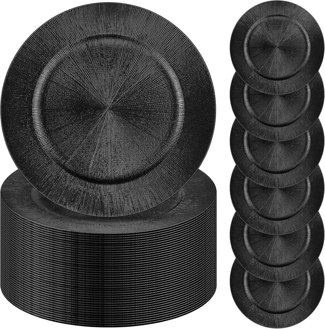 Tanlade 100 Pcs Charger Plates Bulk, 13 Inch Plastic Round Charger Dinner Plates Elegant Wedding Serving Plate for Event Tabletop Wedding Party Bridal Baby Shower Decor (Black), Modern Style