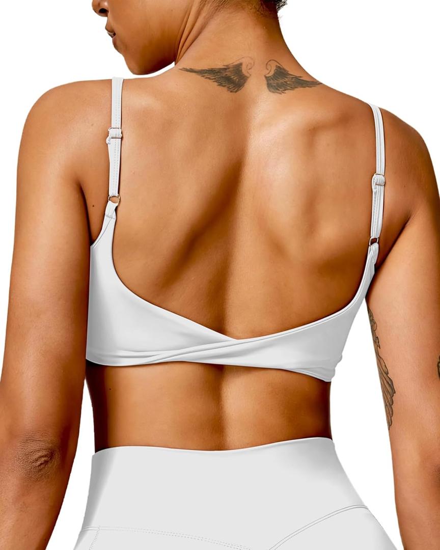 Open Back Sports Bra Workout Tops for Women Built in Bra Square Neck Crop Tank Top Yoga Bra Twist Back Cami (Large, White)