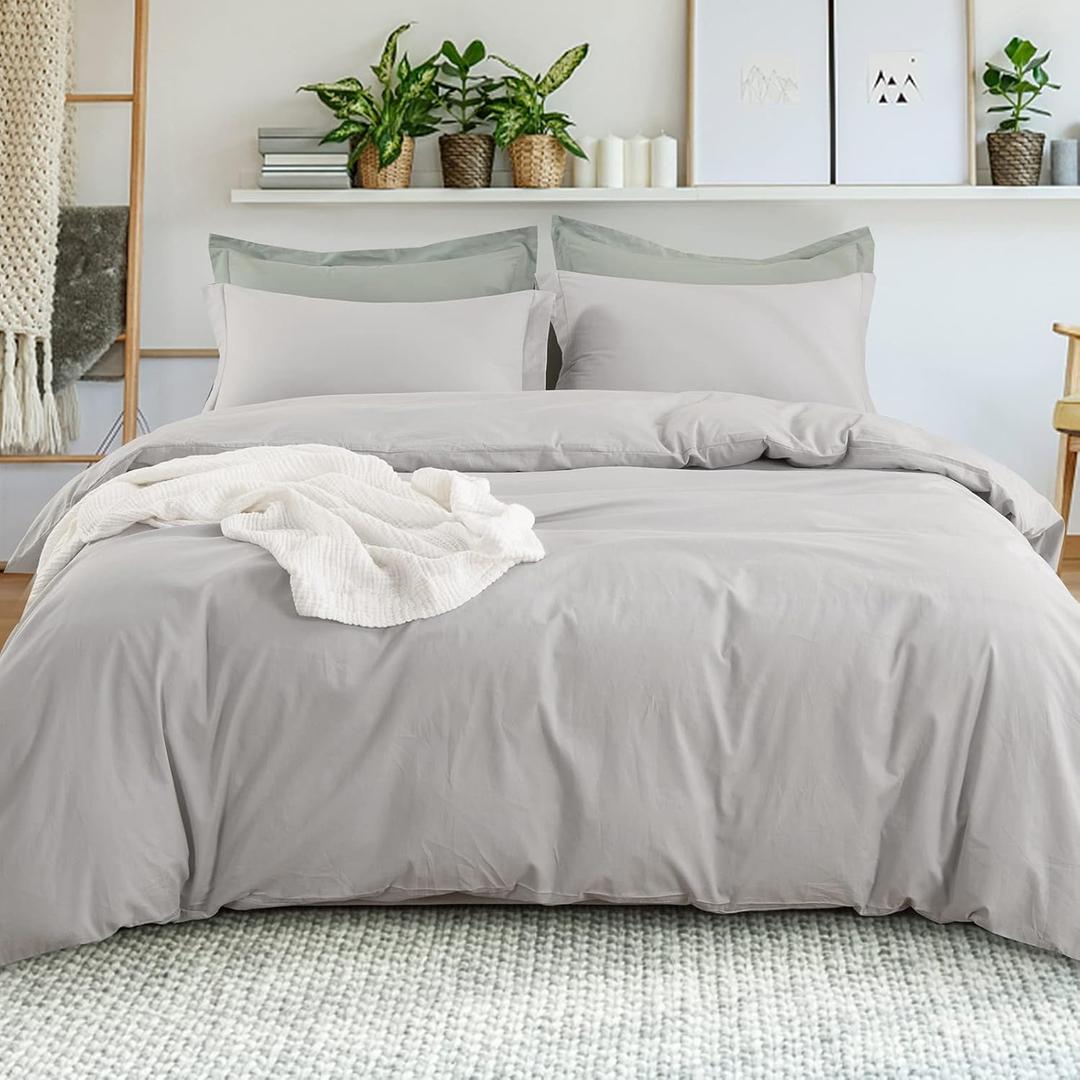 EMME Cotton Duvet Cover Twin - Soft, Breathable and Lightweight Queen Duvet Cover Set, 100% Washed Cooton, 3 Pieces Solid Color Bedding Sets, 1 Duvet Cover and 2 Pillowcases (Light Grey, Twin)