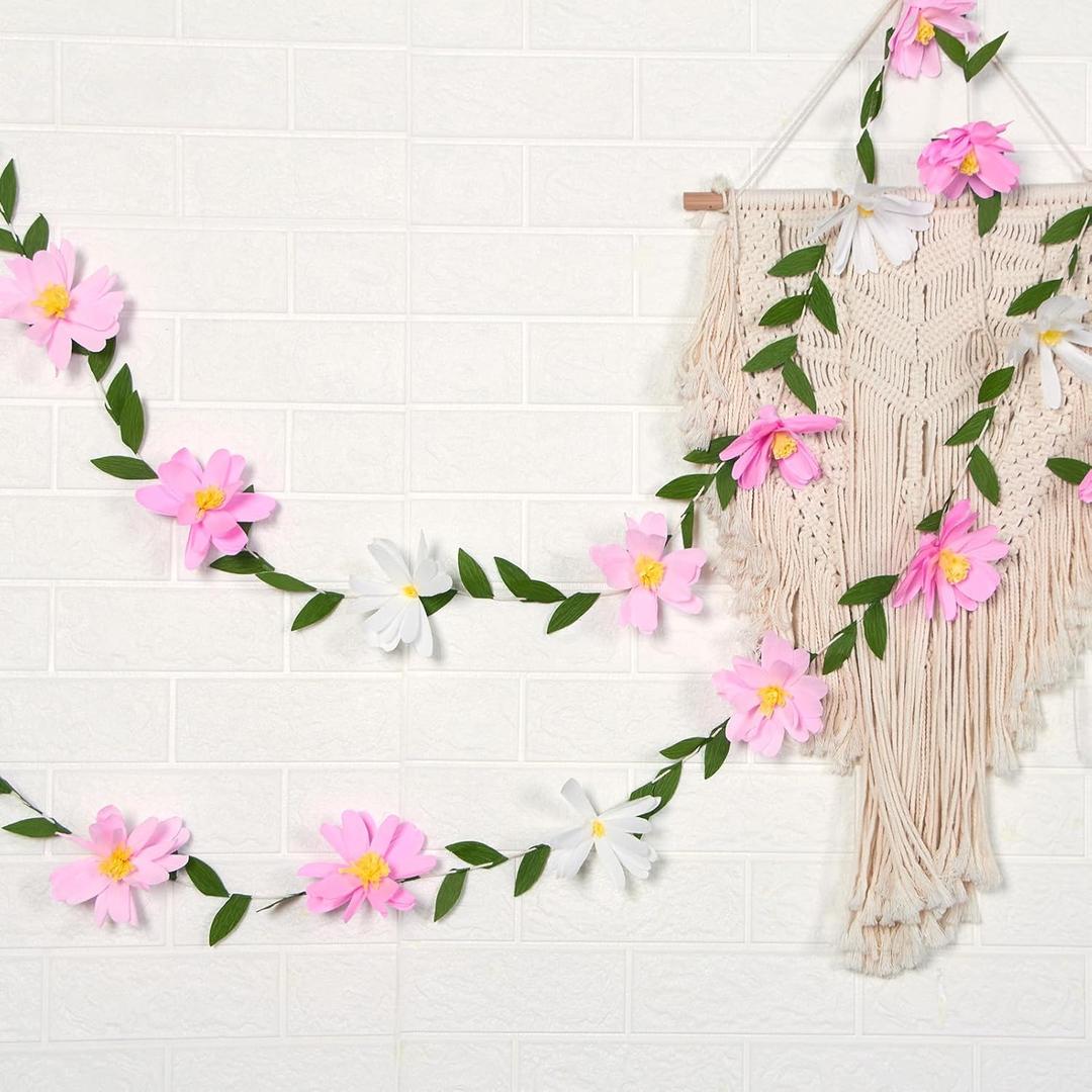 EASY JOY Crepe Paper Flowers Banner White Gradient Pink Flower Banners Spring Hanging Paper Floral Leaves Garland for Spring Birthday Wedding Home Decorations