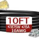 10 FT 10 Gauge Extension Cord Outdoor, Heavy Duty Weatherproof & Flame Retardant Black 3 Prong Power Cord with Light, Outside for Lawn & Garden, 15 Amps 1875 Watts 125 VAC 10AWG SJTW, ETL Listed