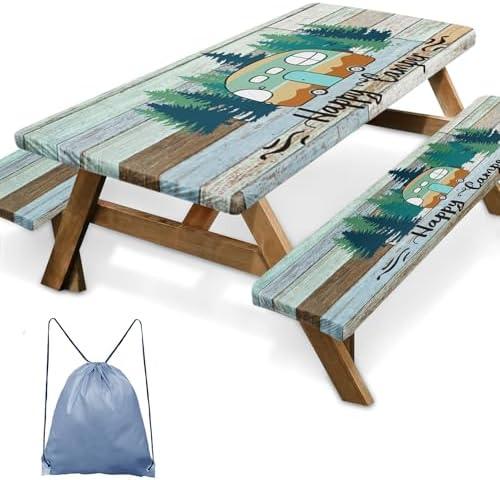Britown Picnic Table Cover with Bench Covers Elastic Edges, Green Camper Fitted Table Cover, Outdoor Patio Camping Essentials 72 Inch 3PCS, Waterproof Camping Fitted Tablecloth with Drawstring Bag, L(96)