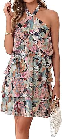 Simplee Womens Summer Floral Mini Dress Casual Sleeveless Halter Ruffle Tiered Chiffon Boho Beach Vacation Short Dresses, Floral Green L