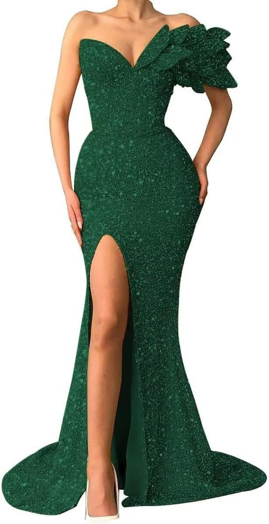 Sequin Prom Dresses 2026 Sparkly One Shoulder Mermaid Evening Gowns Formal Party Bridesmaid Dresses for Wedding (Green, XXL)