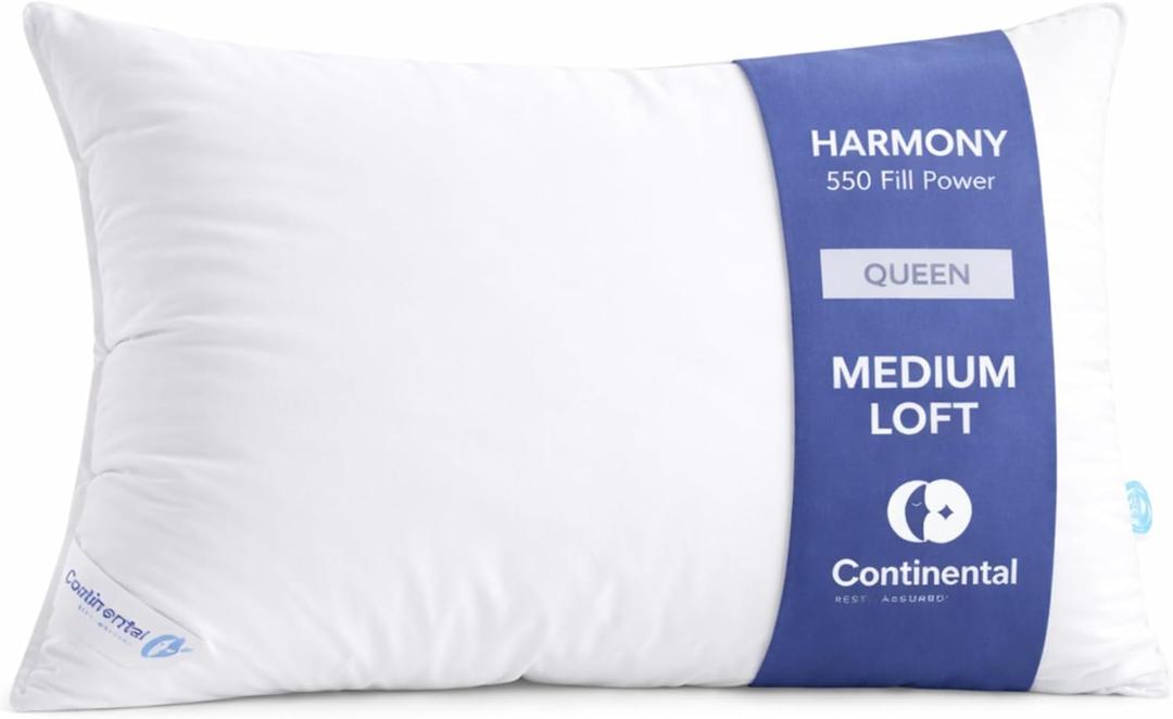 Continental Bedding Harmony White Goose Down Pillow 550 Fill Power Medium Loft 100% Cotton 300 Thread Count Shell Queen Size 1 Pack Made in USA