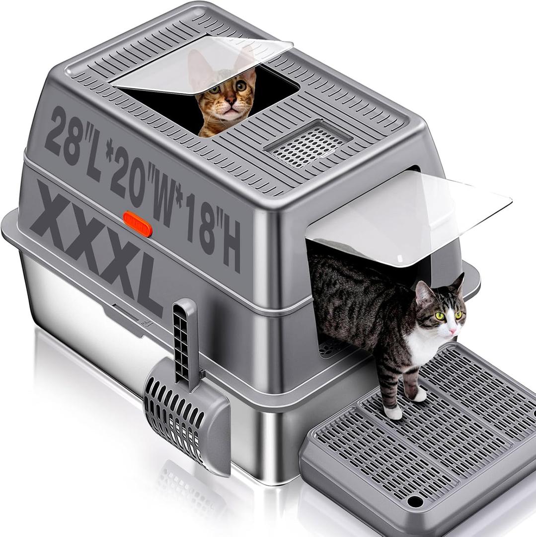 XXXL Stainless Steel Litter Box with LidExtra Large 28"L*20"W*18.1"H Metal Cat Litter Boxs,Jumbo Enclosed Removable Litter Box High Sides For Big Cats,with Cat Litter Scoop, Leak-Proof, Easy to Clean
