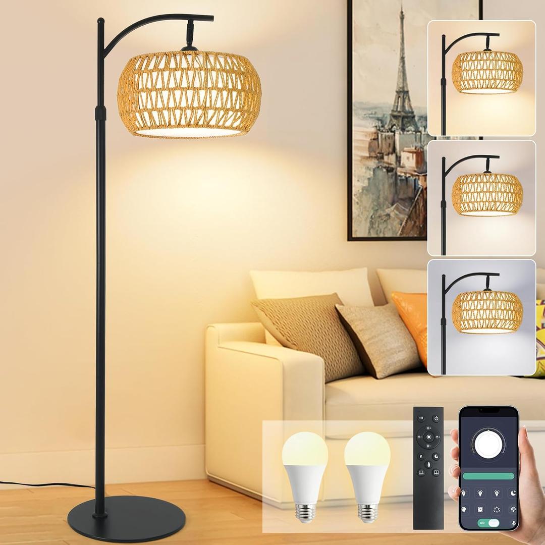 Boho Rattan Floor Lamp with Shade 12W Bright Dimmable LED Bulb, Remote Control 3 Color Temperatures, Modern Farmhouse Handwoven Arc Standing Light for Living Room Bedroom