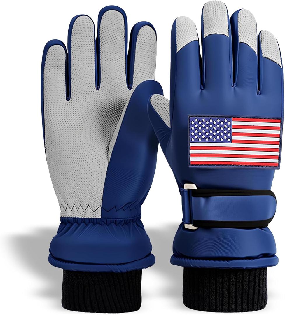 Kids Winter Gloves Blue - 4-Layer Waterproof Warmth, Non-Slip Grip & DIY Patches | Snow Ski Gloves for Boys/Girls | Big Kid Sizing for Sledding & Snowball Fights