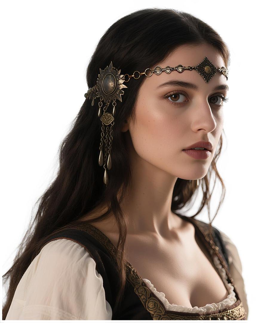 L'VOW Norse Valkyrie Gold Headband Gypsy Headpiece Vintage Head Chain Hair Accessory for LARP Renaissance Wedding, Bronze