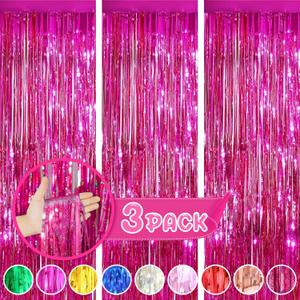 3Pack Fuchsia Foil Fringe Curtain Backdrop-3 Pack 3.3ft x 8.3ft Streamers for Birthday, Bachelorette, Wedding, Anniversary Christmas, New Year, Thanksgiving Parties