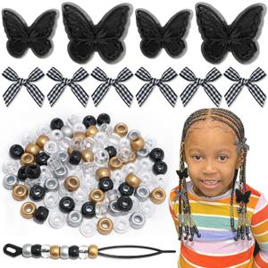 100pcs Hair Beads for Braids Gold Loc Dreadlock Hair Beads Black Gingham Mini Hair Bows Lace Embroidery Butterfly Hair Clips 3 Styles Y2K Hair Accessories for Women Girls