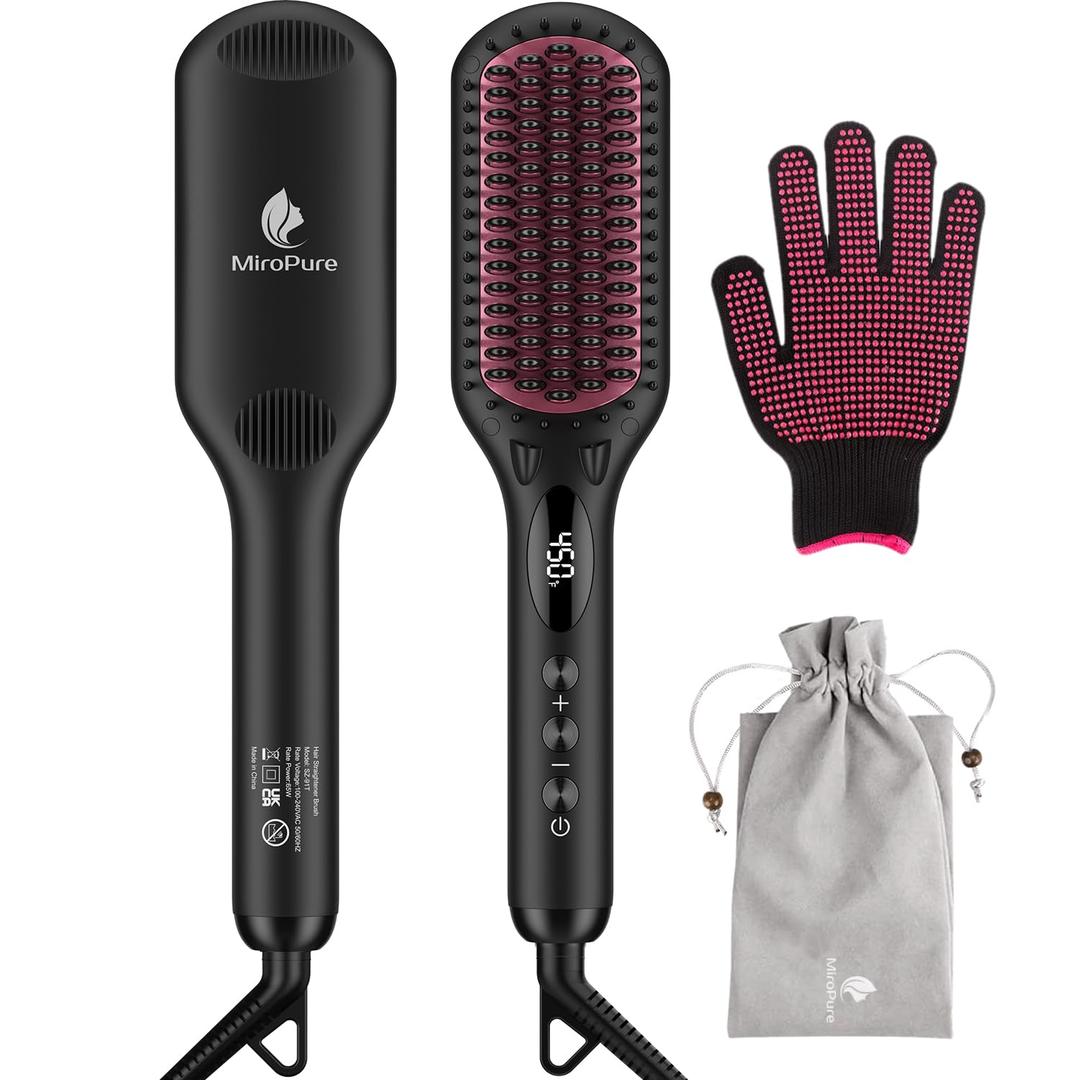 Enhanced Ceramic Hair Straightener Brush by MiroPure, 2-in-1 Ionic Straightening Brush with Anti-Scald Feature, Auto Temperature Lock & Auto-Off Function (Black) (3 Piece Set)