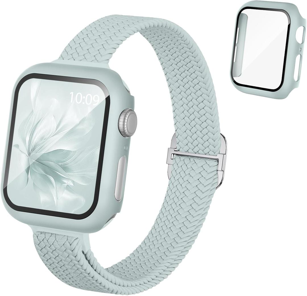 Slim Braided Stretchy Band and Case Compatible for Apple Watch Bands Women 40mm 41mm 42mm 44mm 45mm 46mm, Thin Nylon Solo Loop Protective Cover and Screen Protector for iWatch Series 11/10/9/8/7/6/5/4