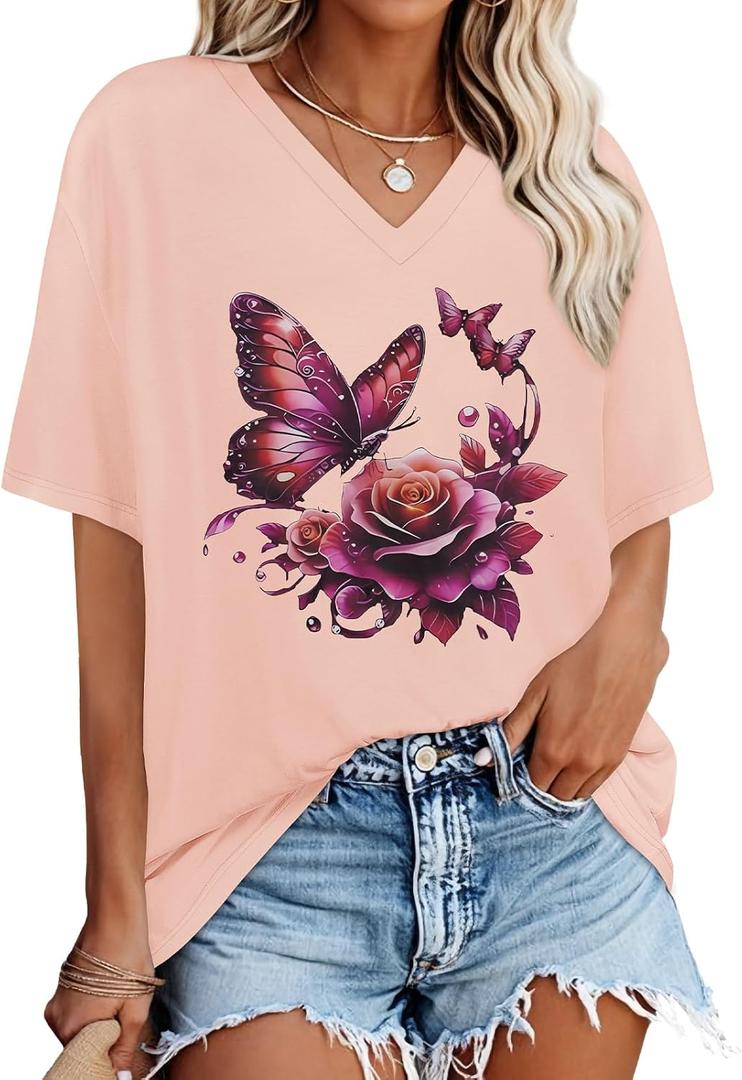 Oversized Tshirts for Women V Neck Short Sleeve Summer Casual Basic Loose Tops 2026