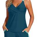 Aqua Eve Womens Tankini with Shorts - Two Piece Tummy Control Swimsuit Cross Back Bathing Suit with Pockets 2025 Athletic Swimwear Teal and Green XX-Large