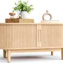 LINSY HOME Oval Coffee Table, Wood Coffee Table with Storage, Fluted Accent Center Table with Sliding Tambour Door, 39" Boho Coffee Tables for Living Room, Bedroom, Apartment, Oak