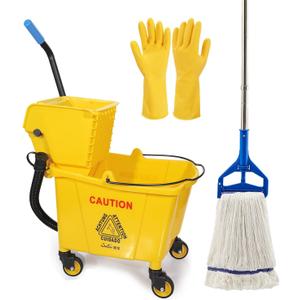 35 Qt. Side-Press Mop Bucket and Wringer Combo on Wheels Yellow for Professional/Industrial/Business Heavy-Duty Floor Cleaning/Mopping,Including Industrial Mop and Rubber Gloves
