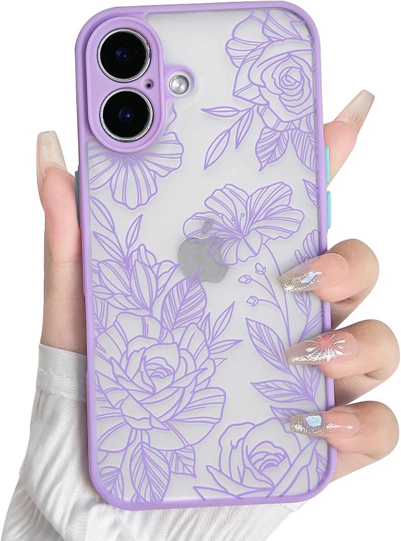 NITITOP Compatible with iPhone 16 Case Cute Aesthetic Floral Flower Vintage Rose Pattern Matte Clear Women Girl Full Camera Lens Slim Hard PC Shockproof Pritective Cover - Purple