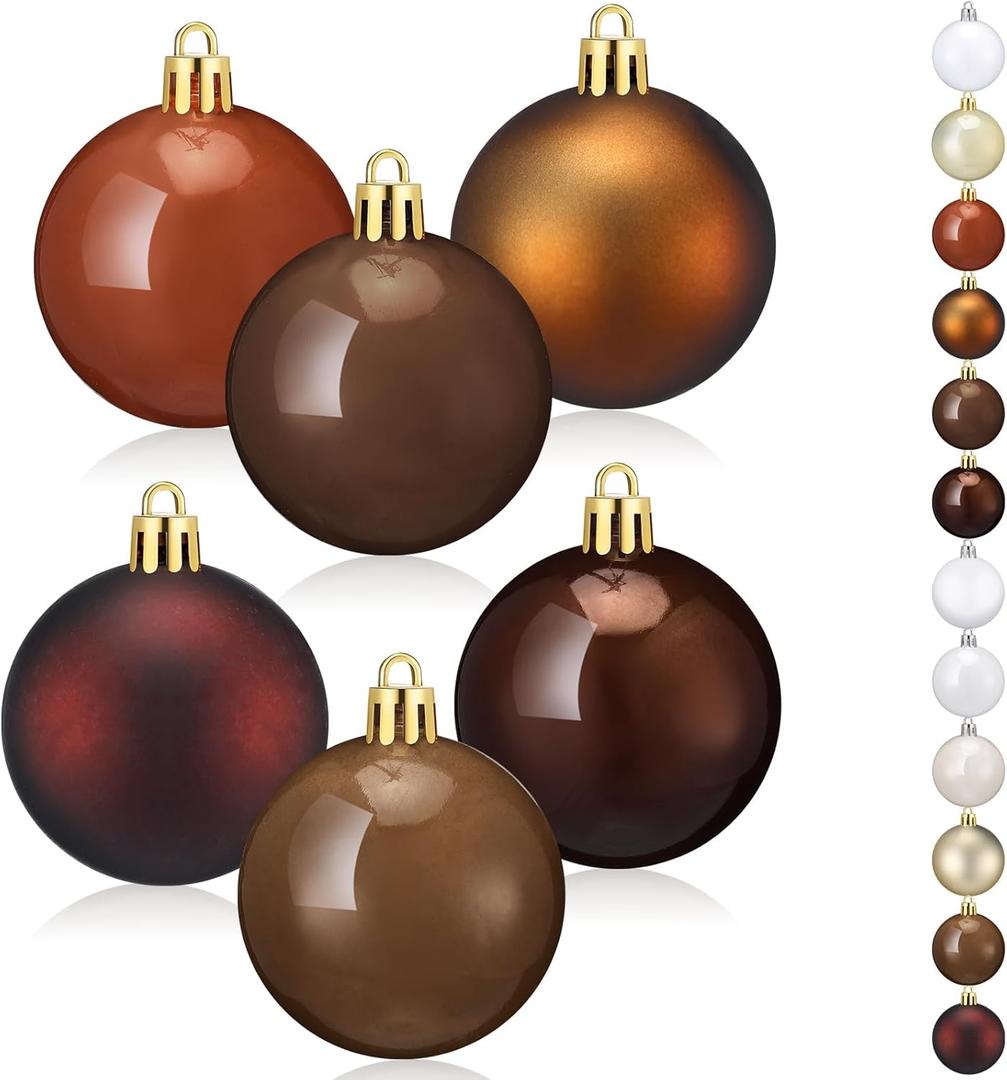 12 Pcs Brown Christmas Ball Ornaments 2.36 Matte Shiny Plastic Vintage Christmas Tree Ornaments Matte Decorative Shatterproof Ball Xmas Tree Decoration with Hanging Loop for Home Party