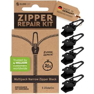 Zlideon Zipper Repair Kit for Narrow Zippers - 5pcs, Black | Instant Zipper Pull Replacement Slider for Dresses, Bedding, Hoodies, Light Jackets, Inner of Handbags | Easy to Install | Made in Germany