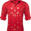DiBanGu Christmas Shirts for Men Holiday Button Down Snowflake Dress Shirts Xmas Festival Long Sleeve Shirt for Vacation (Red)