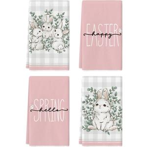 Artoid Mode Pink Bunny Rabbit Eucalyptus Easter Kitchen Towels Dish Towels, 18x26 Inch Seasonal Spring Decoration Hand Towels Set of 4