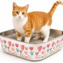 Extra Large Stainless Steel Cat Litter Box (23") – Hand-Painted Metal Litter Pan with Scoop, Odor Resistant, Non-Stick, Easy Clean (Happy Hearts)