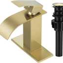Qomolangma Waterfall Bathroom Faucet, Brushed Gold Modern Single Handle Bathroom Faucets for 1 or 3 Hole Bathroom Sink Faucet Mixer Tap Washbasin Faucet with Deck, Pop-up Drain and Supply Hoses
