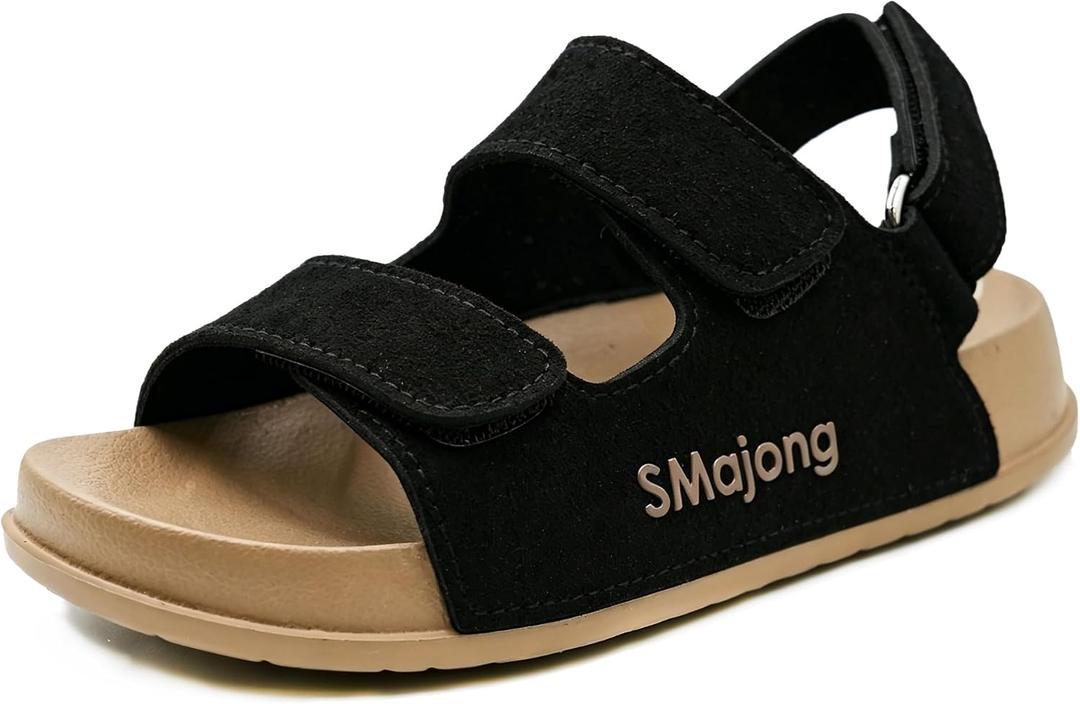 SMajong Boys Sandals Girls Sandal Kids | Non-Slip Slides, Lightweight, Adjustable, Open Toes, Flat (Black)