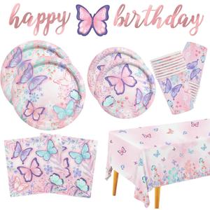 Butterfly Birthday Party Supplies Disposable Paper Plates Napkins Cups Tablecloth and Banner for Butterfly Girl Party Birthday Decorations, Serve 25