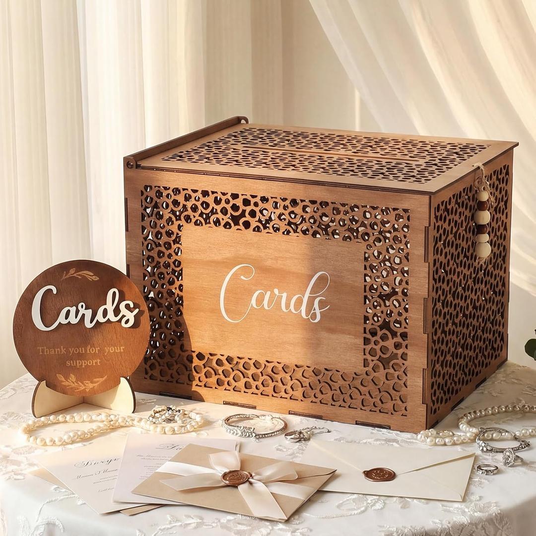 Wedding Card Box with Sign Boho Rustic Wood Gift Card Box Vintage Money Cards Holder for Wedding Baby Shower Graduation(Classic,Brown,11.4 x 9 x 8.5 Inches)