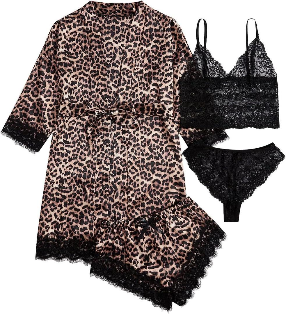 WDIRARA Women' Silk Satin Pajamas Set 4pcs Lingerie Floral Lace Cami Sleepwear with Robe (Small, Black Leopard)