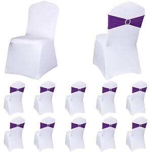 SINSSOWL White Chair Covers 10 and Purple Chair Sashes 10 Pack Fitted Banquet Seat Covers and Chairs Bows Bands for Party Events Wedding Decorations