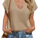 Tankaneo Womens Cropped Deep V Neck T Shirts Summer Casual Short Cap Sleeve Tops Loose Fit Basic Tee (S)