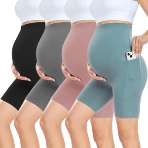 CTHH 4 Pack Maternity Shorts Over Belly with Pockets - 8" Pregnancy Biker Shorts Workout Yoga Pregnant Pants for Women (Small, 01- Black/Grey/Pink/Cyan)
