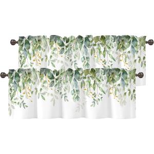 Green Eucalyptus Leaves Valance for Windows,Window Treatment Curtains Rod Pocket Sheer Small Short Valance for Kitchen Bathroom Laundry Basement,2 Panels,42Wx12L inch,Boho Watercolor