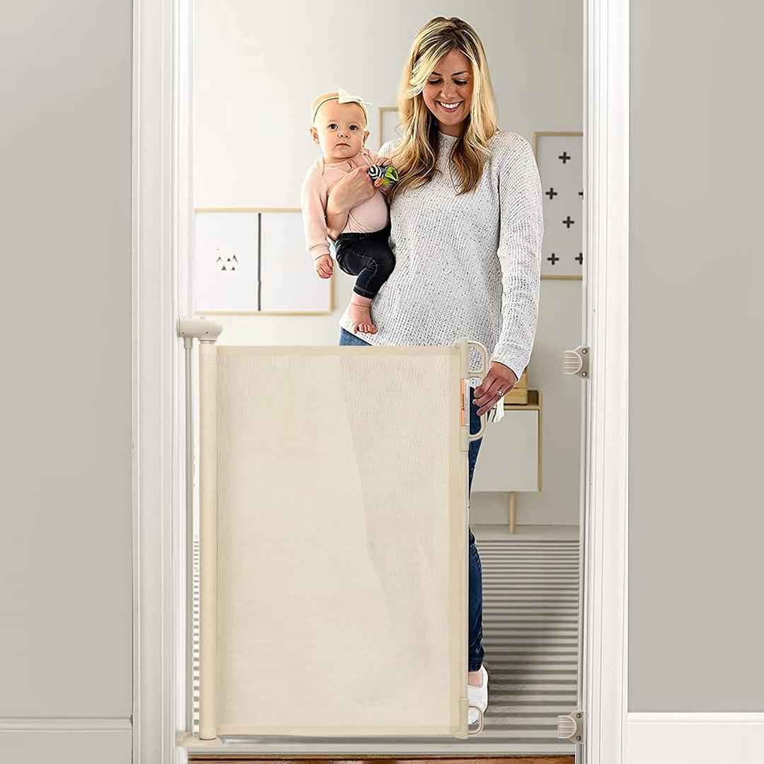 Momcozy Retractable Baby Gate, 33" Tall, Extends up to 55" Wide, Child Safety Baby Gates for Stairs, Doorways, Hallways, Indoor, Outdoor (33" Tall x 55" Wide, Cream-coloured)