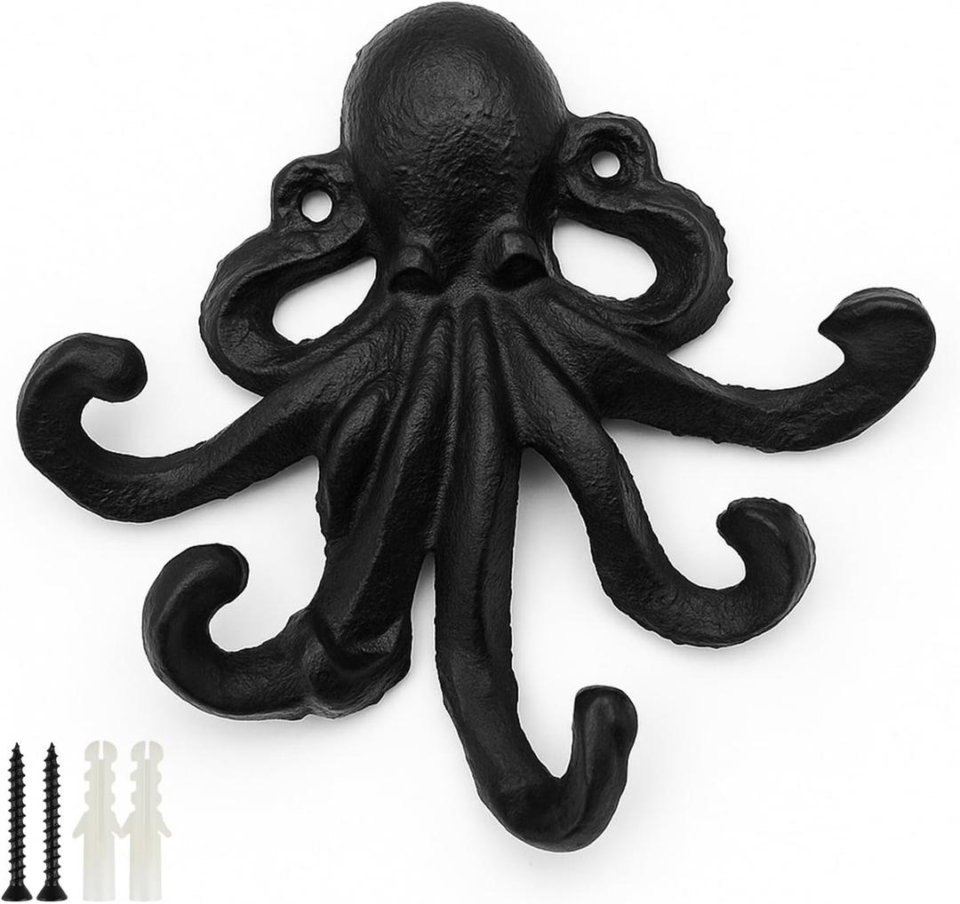 Octopus Cast Iron Wall Hook  Nautical Decorative Key Holder, Coastal Ocean Theme Wall Hanger for Entryway, Bathroom, or Bedroom, Heavy Duty Black Metal Hook