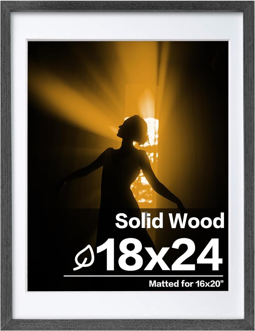 Egofine 18x24 Solid Wood Poster Frames Matted for 16x20 - Acrylic Plexiglass Front for Wall Mounting Hanging Picture Frame Vertically or Horizontally, Rustic Black
