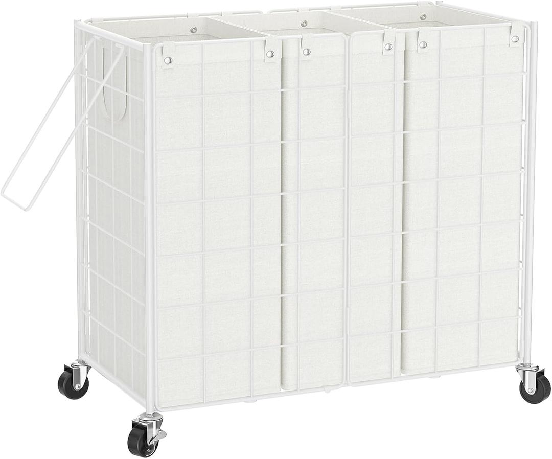 WOWLIVE Laundry Hamper with Wheels,Metal Wire Frame Rolling Laundry Basket 3 Section with Removable bags,155L Dirty Clothes Hamper Organizer Dorm Room Storage for Bedroom,Bathroom,White (150L (26.8 x 13.0x 26.4 Inches))