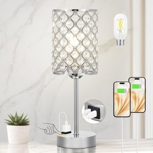 Hong-in Crystal Table Lamp, Crystal Lamp Touch Control with USB-C USB-A Charging Ports & AC Outlets, 3 Way Dimmable Bedside Lamp-Nightstand Lamp Modern Light for Bedroom, Living Room, Bulb Included