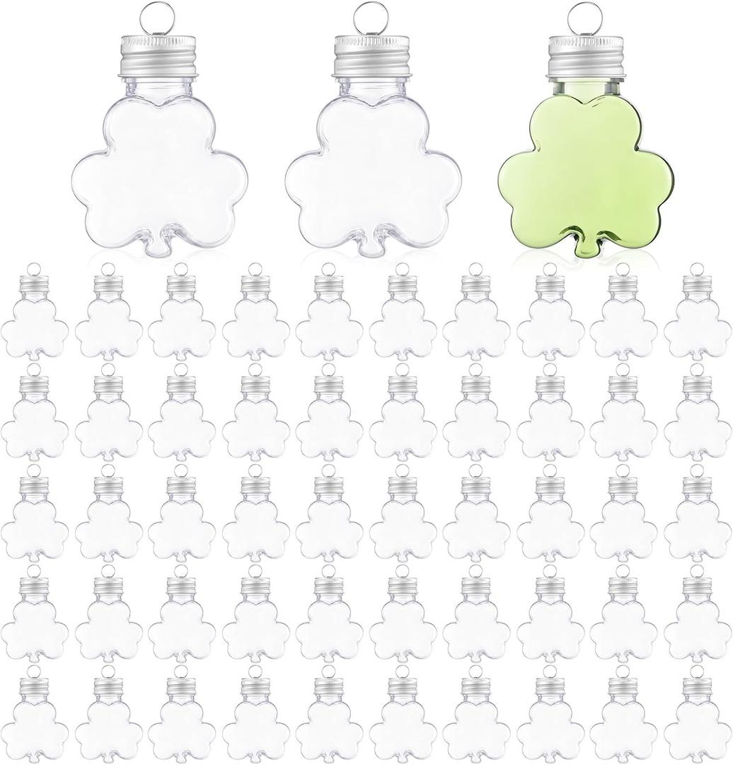 50 Pcs 50 ml Lucky Hanging Clover Bottles Mini Clover Shaped Beverage Bottles Paired with DIY Shamrocks Ornament for Party Favors, Drink Containers, Gift Supplies (Clear)
