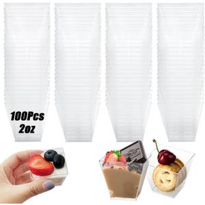 100 Pack 2oz/60ml Plastic Square Dessert Cups,Mini Clear Appetizer Cups,Small Disposable Square Cup Serving Bowl for Chocolate Cakes,Ice Cream