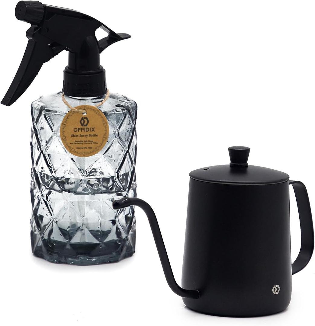 OFFIDIX Watering Can for Indoor Plants,Long Spout Metal Stainless Steel 21 oz/600 ml Watering Can with 14 oz/400ml Glass Plant Mister Spray Bottle for Plant Bonsai, Black Watering Can + Grey Spray Bottle